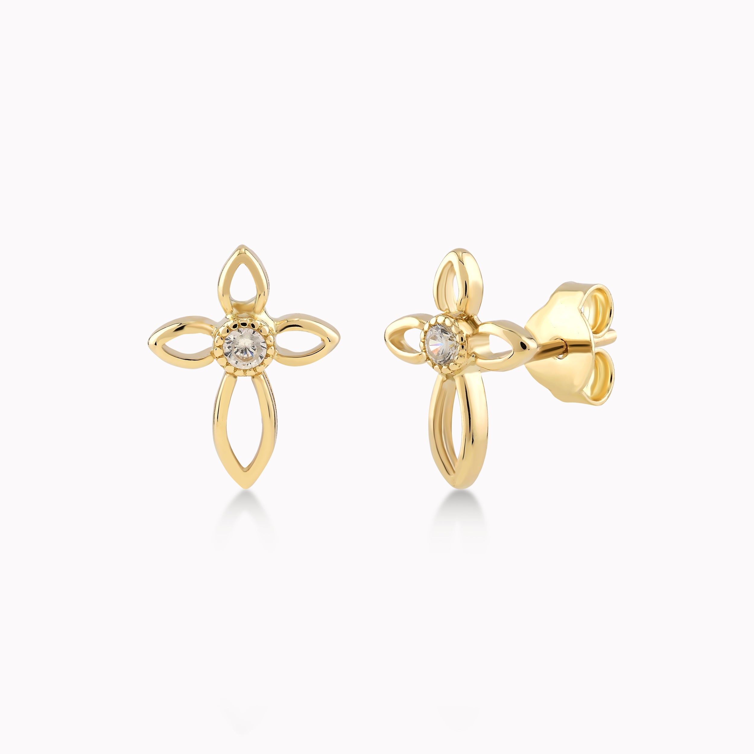 14K Yellow Gold White Cubic Zirconia Cross Earrings