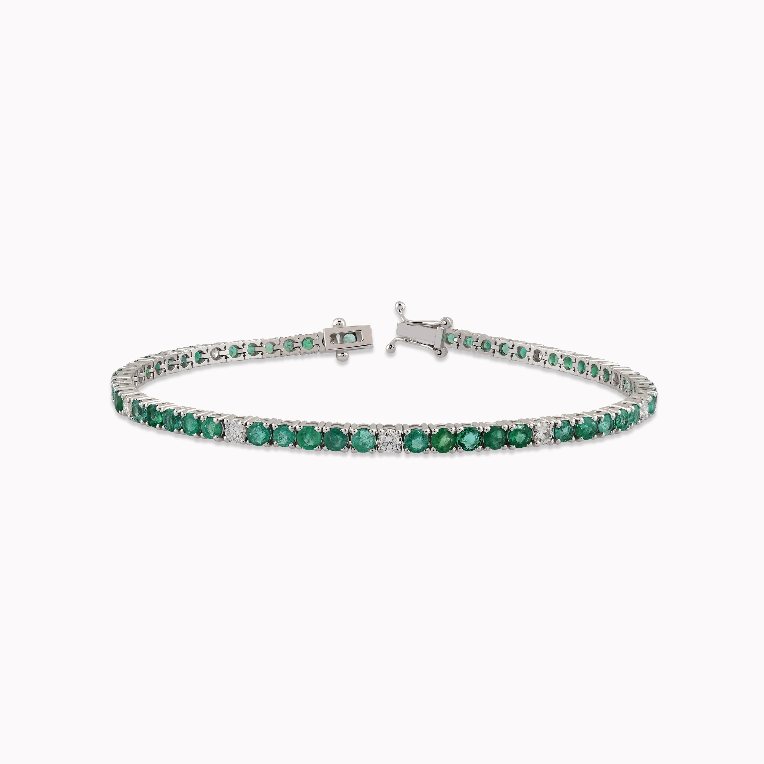 14K White Gold Emerald & Diamond Tennis Bracelet — 0.75 ct Diamonds