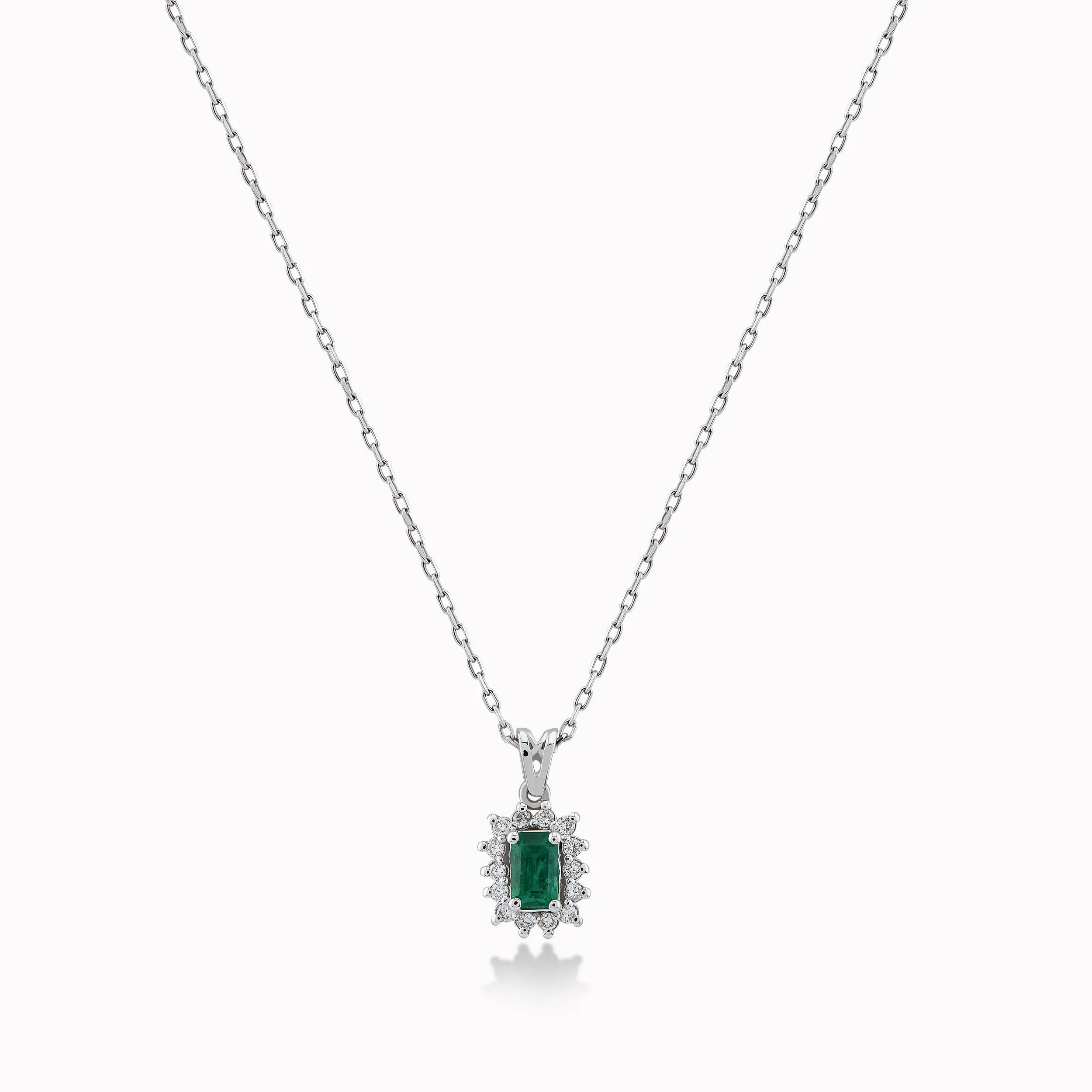 14K White Gold Emerald & Diamond Pendant Necklace — 0.32 ct Emerald · 0.11 ct Diamonds