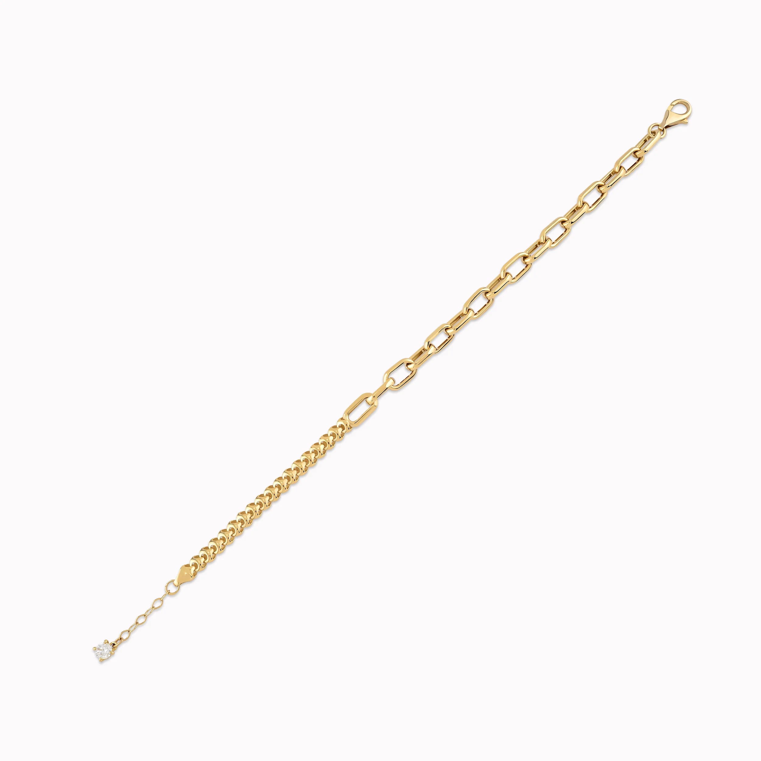 14K Yellow Gold White Cubic Zirconia Chain & Link Bracelet