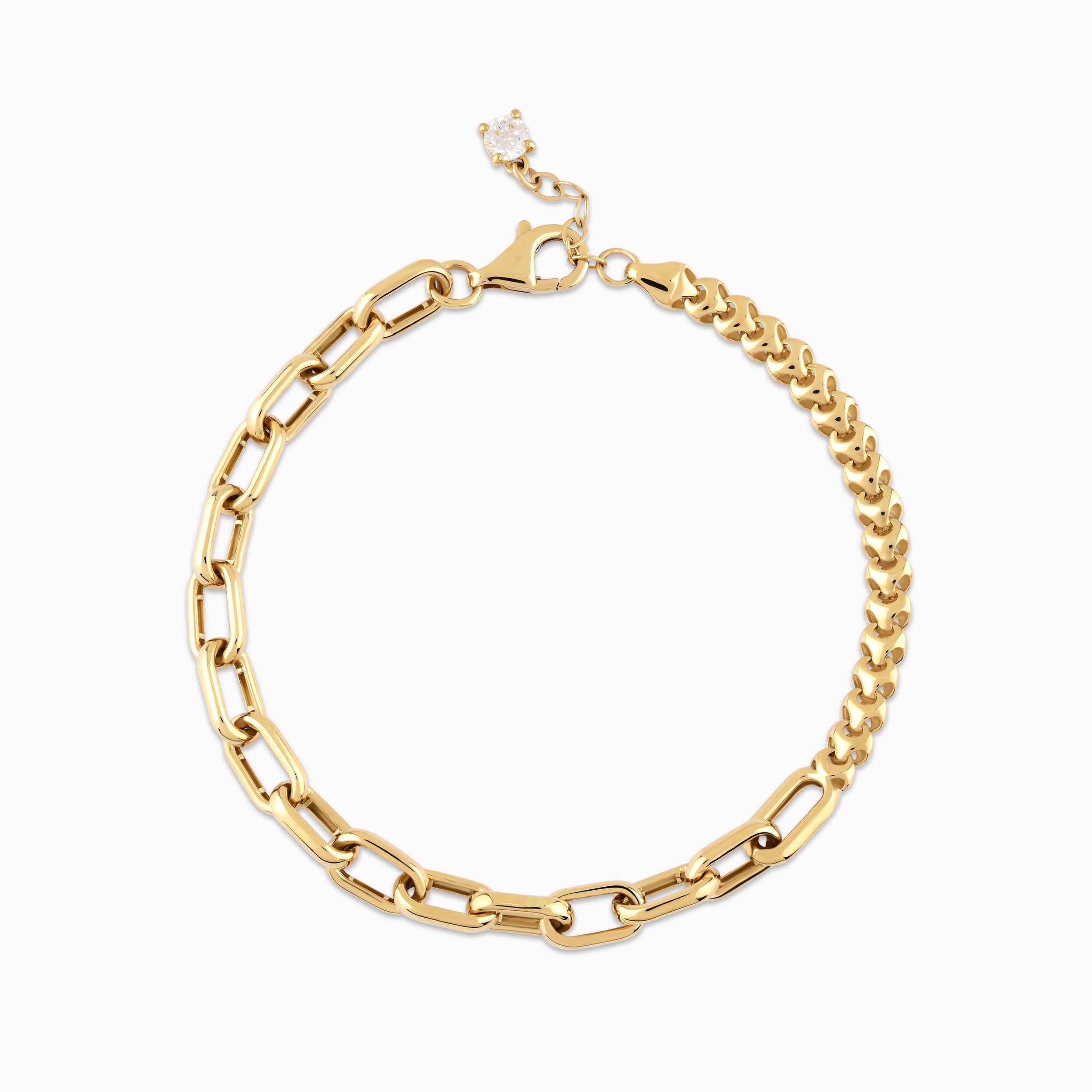 14K Yellow Gold White Cubic Zirconia Chain & Link Bracelet