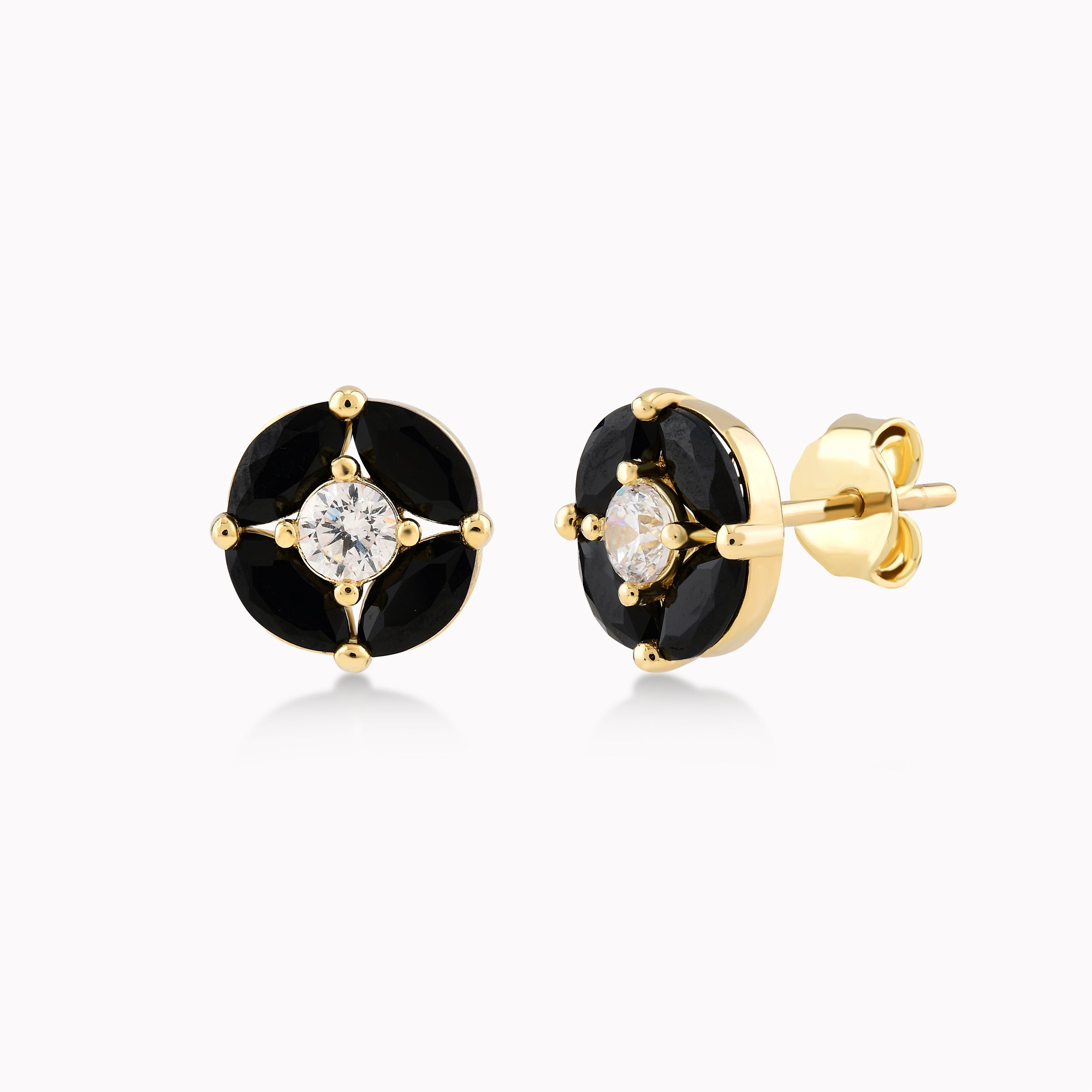 14K Yellow Gold Black Cubic Zirconia Flower Earrings