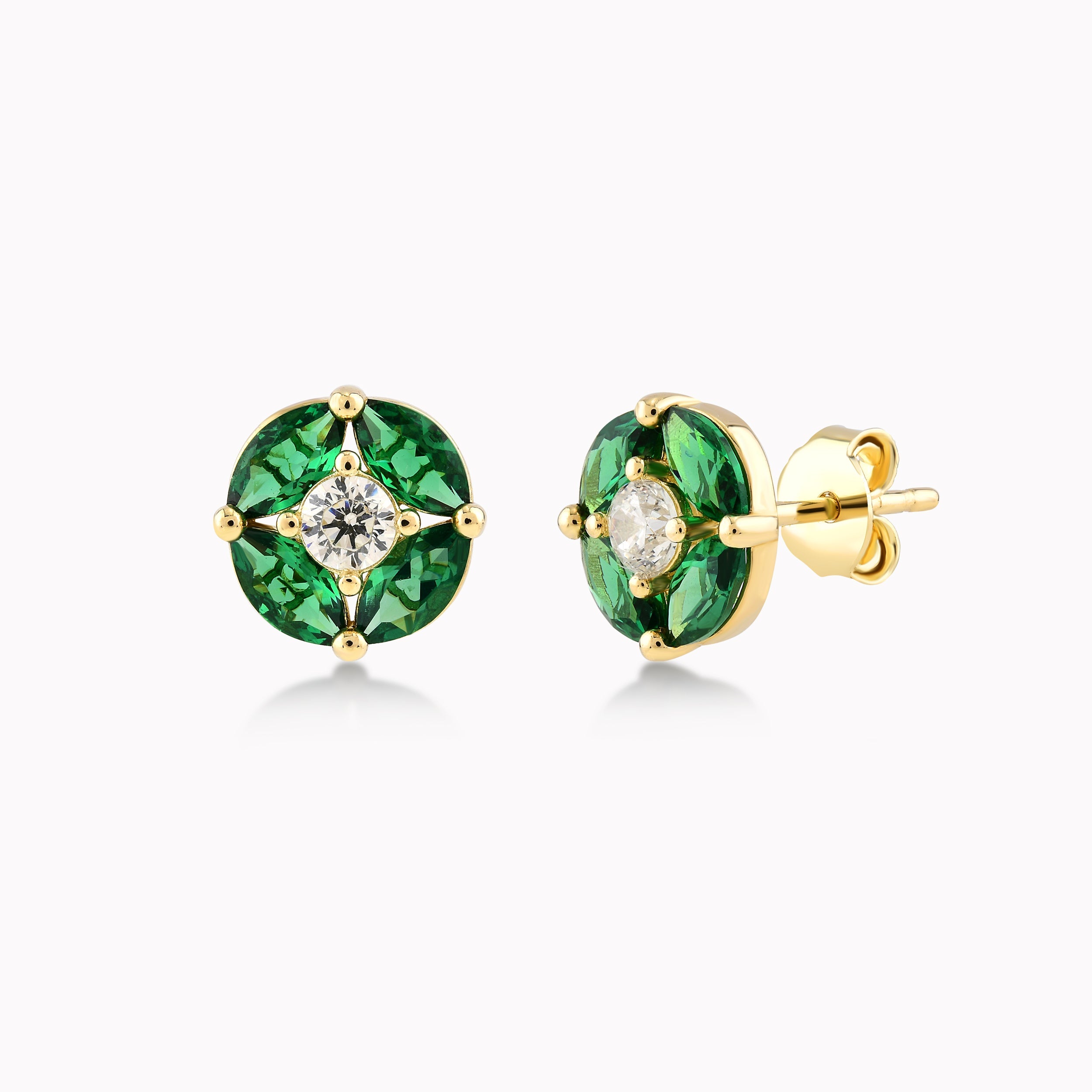 14K Yellow Gold Green Cubic Zirconia Flower Earrings