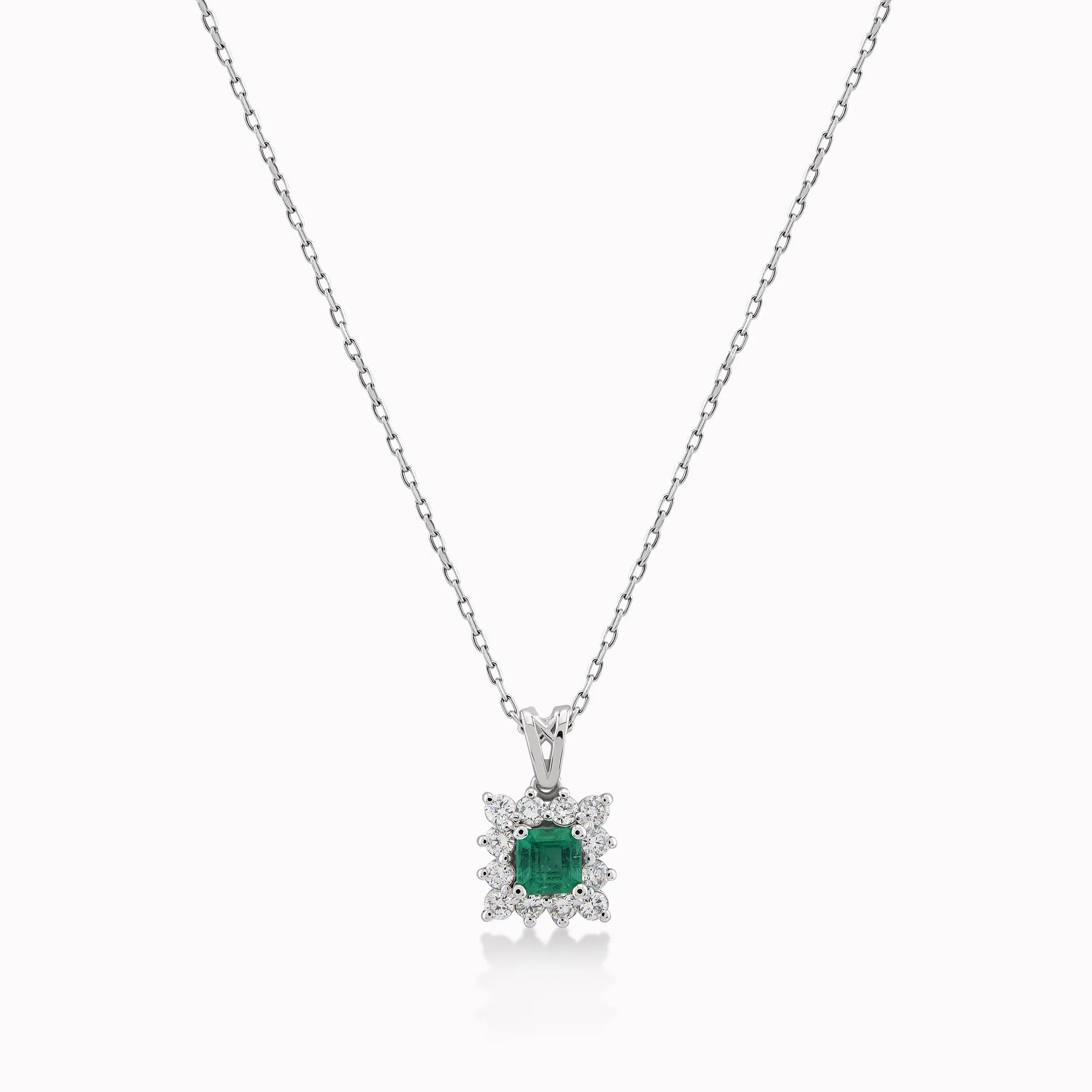 14K White Gold Emerald & Diamond Pendant Necklace — 0.41 ct Emerald · 0.35 ct Diamonds