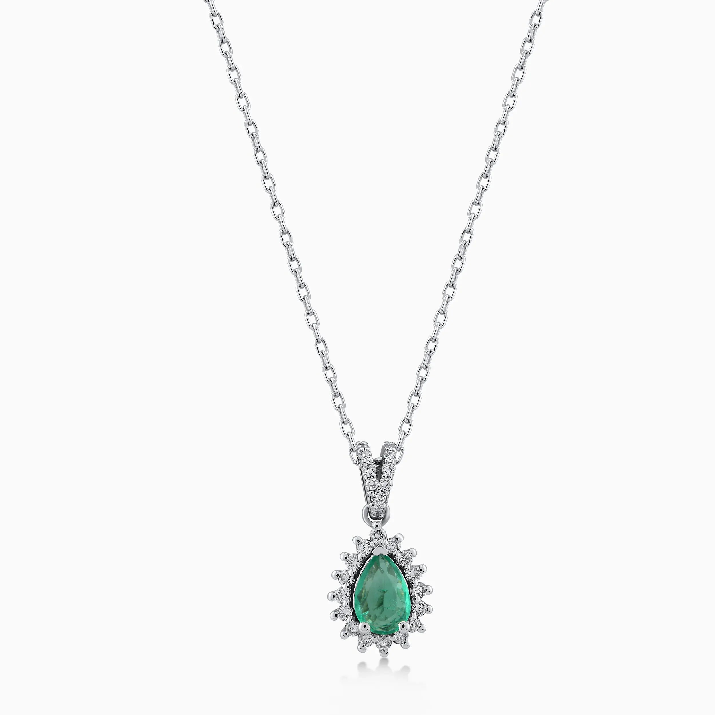 14K White Gold Emerald & Diamond Pendant Necklace — 0.37 ct Emerald · 0.19 ct Diamonds