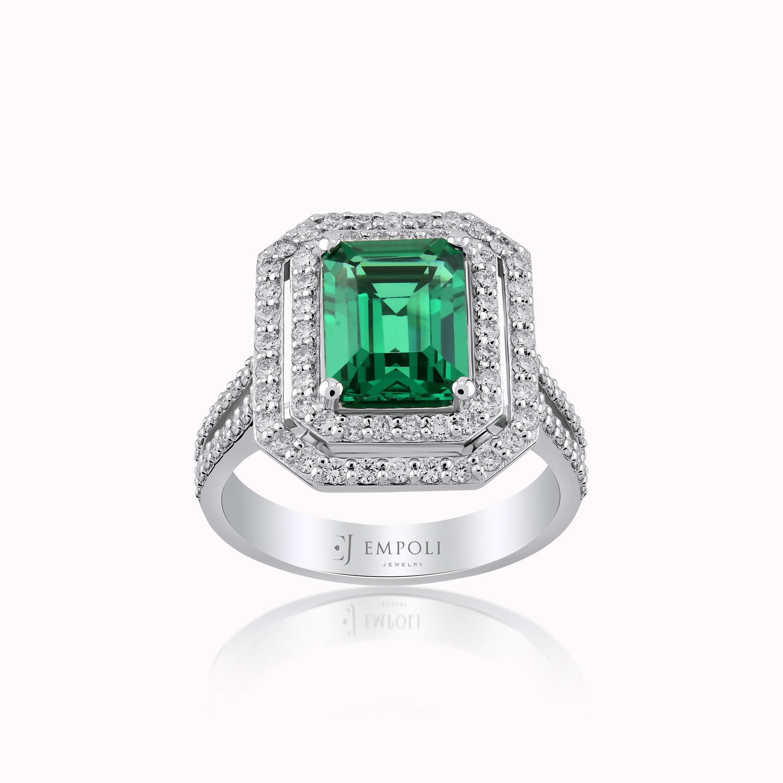 14K White Gold Emerald & Diamond Ring — 2.09 ct Emerald · 0.78 ct Diamonds