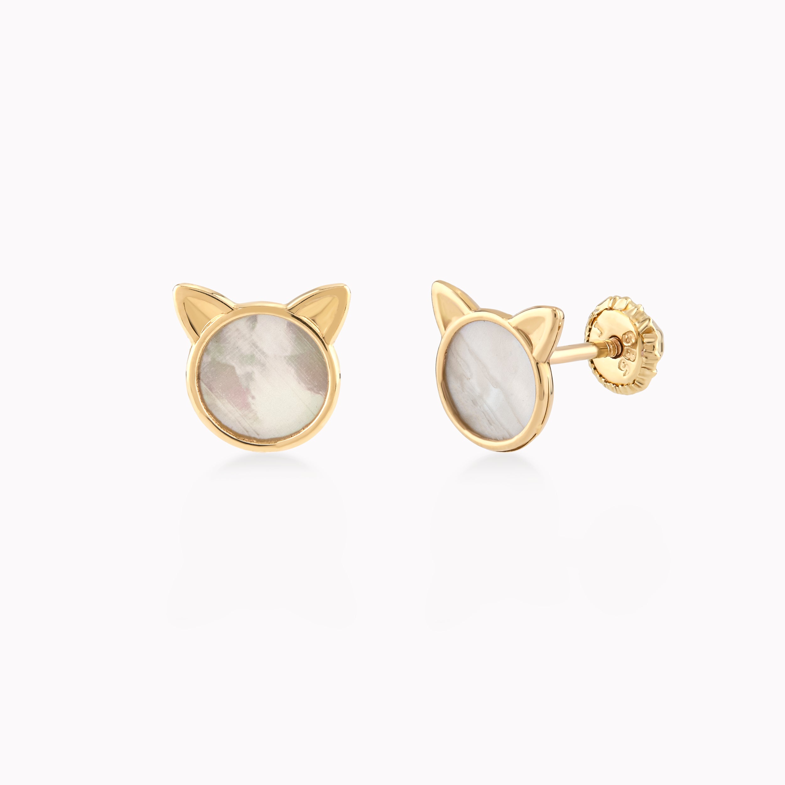14K Yellow Gold Mother-of-Pearl Cat Protection Earrings