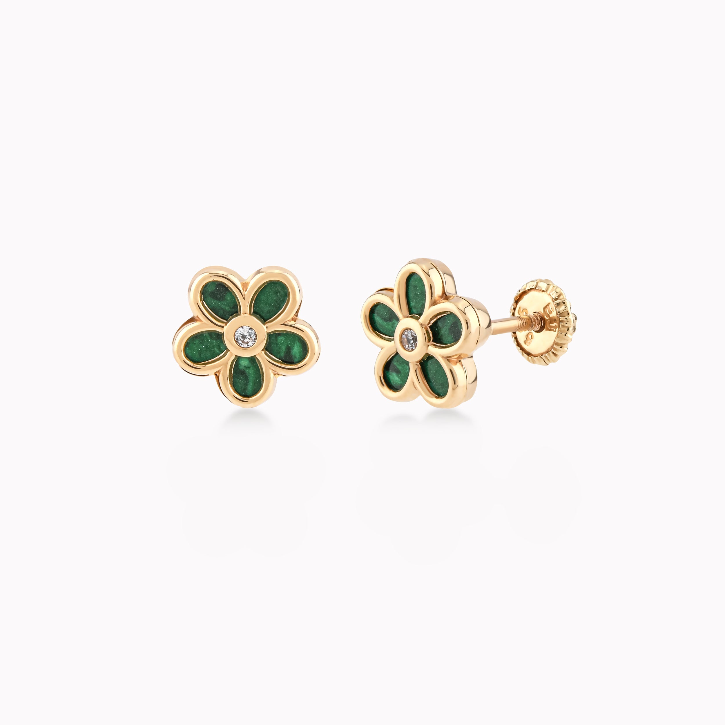 14K Yellow Gold Enamel Flower Protection Earrings