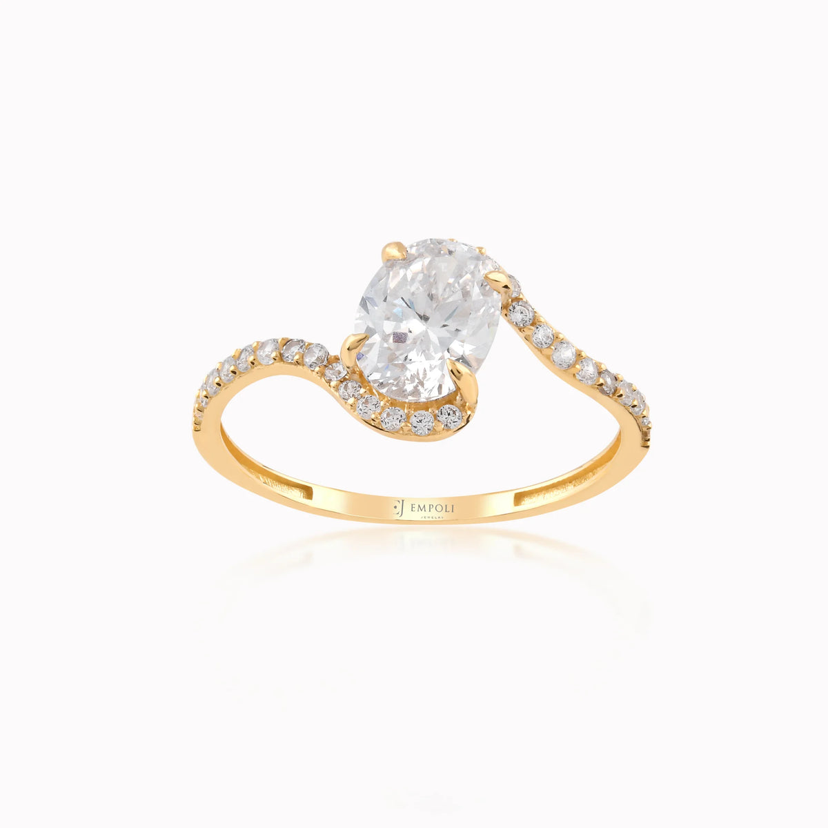 Inel din aur galben 14K cu zirconiu oval asimetric cu pave