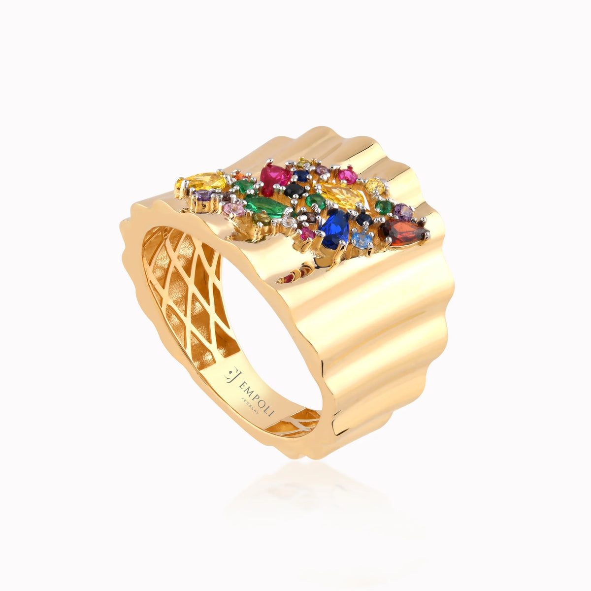 Inel din aur galben 14K cu zirconiu multicolor lat ondulat - detaliu