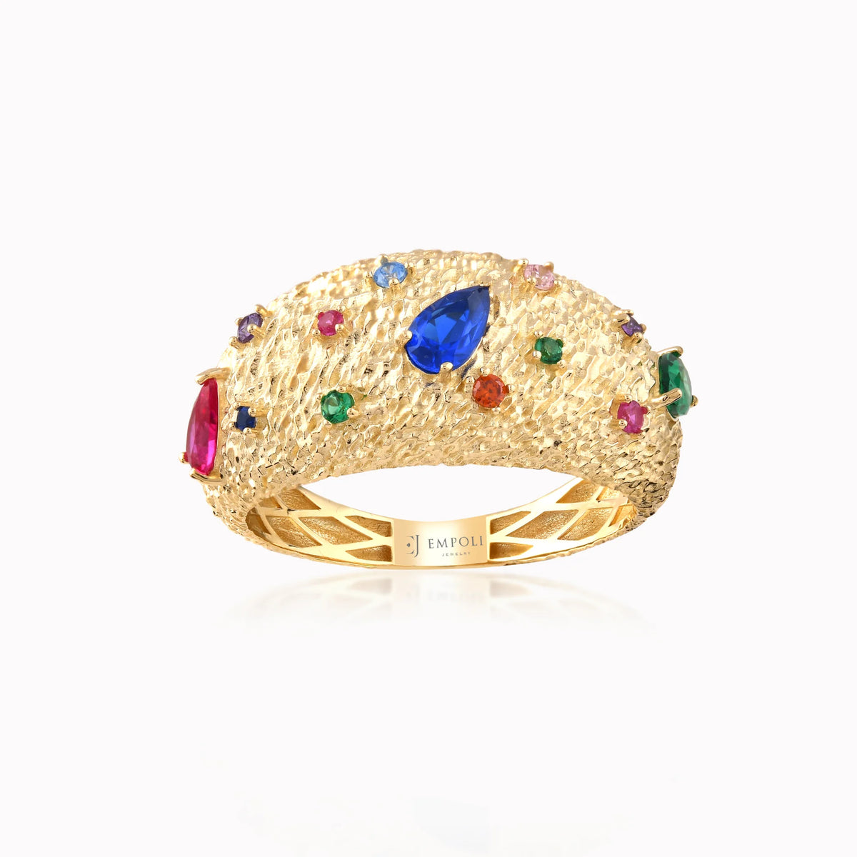 Inel din aur galben 14K cu zirconiu multicolor bombat texturat